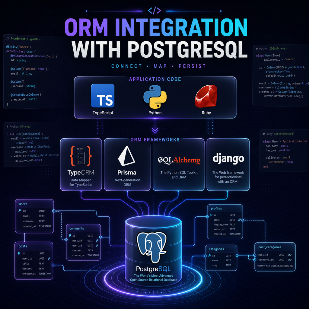ORM 整合實戰：TypeORM、Prisma、SQLAlchemy、Django ORM 與 PostgreSQL 進階型別映射 | PostgreSQL